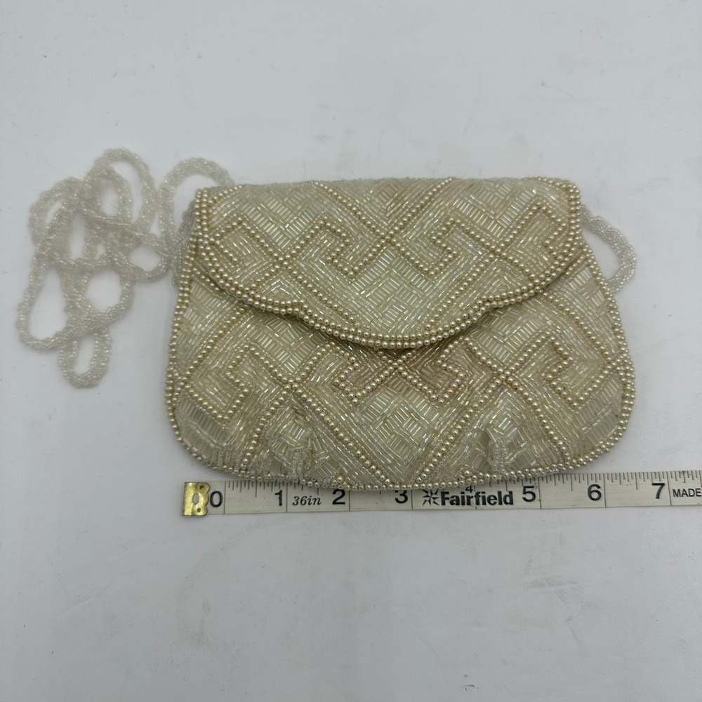 Vintage Beaded Evening Clutch Bag Faux Pearl Crossbody Purse Coquette Bridal